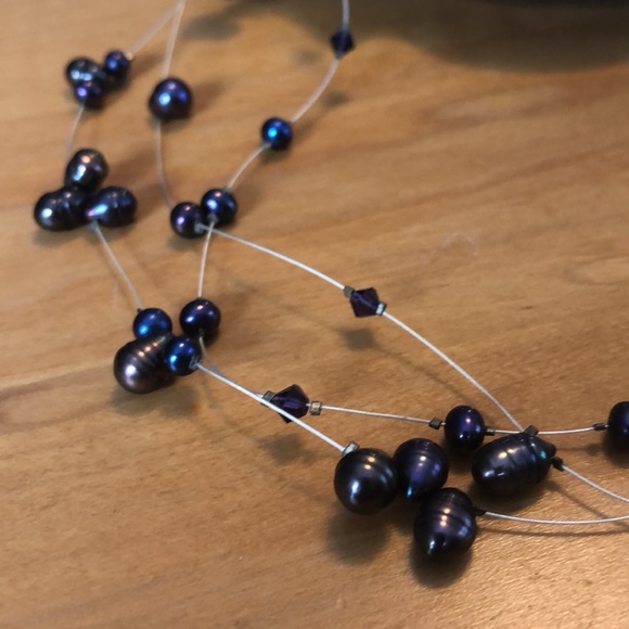 Sterling Silver Clasp And Purple, Blue and Bronzy Pearls and Crystal Necklace - Picture 4 of 13